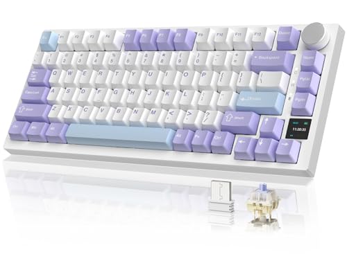 YINDIAO AK820PRO Mechanische Tastatur mit TFT Smart Display und Knopf, 2,4G Kabellos/BT5.1/USB-C Verkabelt,75% ANSI-Layout,Dichtungsmontage,Hot-Swap,Linearer Switch,RGB-Licht,für PC,MAC(Lila) von YINDIAO