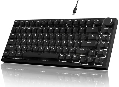 YINDIAO Ajazz AK820 Mechanische Tastatur mit Knopf,75% ANSI-Layout, 81 Tasten,Kabelgebundene Gaming-Tastatur,Verbesserte Dichtungsmontage,Roter Hot-Swap-Schalter,Eisweißes Licht,für PC,MAC (Schwarz) von YINDIAO