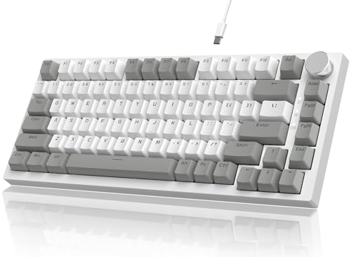 YINDIAO Ajazz AK820 Mechanische Tastatur mit Knopf,75% ANSI-Layout,81 Tasten,Kabelgebundene Gaming-Tastatur,Verbesserte Dichtungsmontage,Hot-Swap Roter Schalter,Eisweißes Licht,für PC,MAC (Grau&Weiß) von YINDIAO