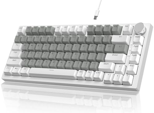 YINDIAO Ajazz AK820 Mechanische Tastatur mit Knopf,75% ANSI-Layout,81 Tasten,Kabelgebundene Gaming-Tastatur,Verbesserte Dichtungsmontage,Hot-Swap Roter Schalter,Eisweißes Licht,für PC,MAC (Weiß&Grau) von YINDIAO