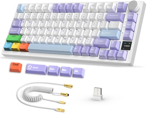 YINDIAO Ajazz AK820 PRO Mechanische Tastatur mit TFT Smart Display und Knopf, 2,4G Kabellos/BT5.1/USB-C Verkabelt,75% ANSI-Layout,Hot-Swap,mit Pro-Spiralkabel und 5 PBT-Tastenkappen,für PC,MAC (Lila) von YINDIAO