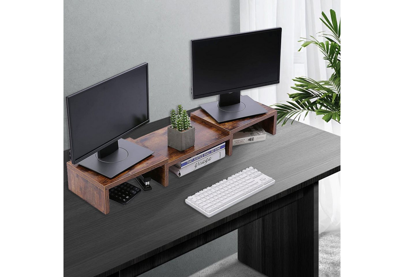 YINDN Monitorständer Dual Monitor Stand Rise, Bildschirmerhöhung, Monitorerhöhung, (110cm×20cm×10cm, Verstellbare Monitor-Halterung, Schreibtisch Organizer, für PC Monitor/Drucker) von YINDN