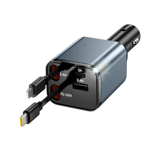 YINLAI Einziehbares Kfz-Ladegerät, 4 in 1 Handy-Schnellladegerät, Adapter, doppelter einziehbarer Draht, USB C, KFZ-Ladegerät für iPhone/Samsung/Galaxy/Huawei, Grau von YINLAI