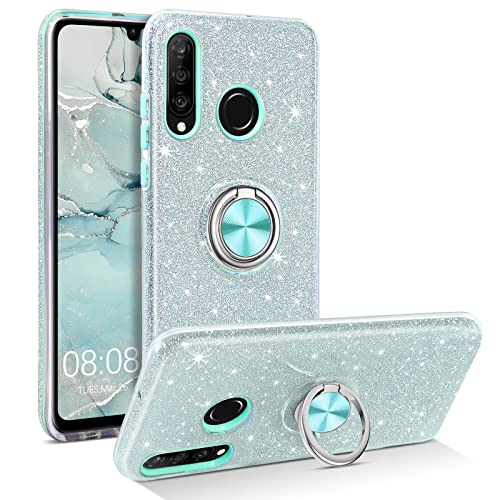 YINLAI Huawei P30 Lite Hülle Glitzer Handyhülle Huawei P30 Lite mit 360° Ring Ständer Magnetische Auto Halterung Stoßfestes Cover Case Handy hülle für Huawei P30 Lite,Silber Mint von YINLAI