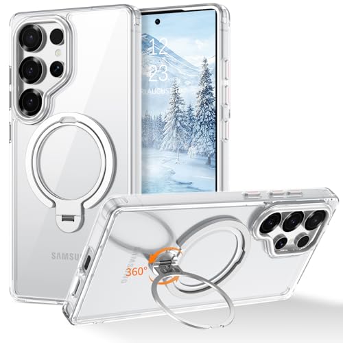 YINLAI für Samsung Galaxy S25 Ultra Hülle mit 360° Ständer Ring Kompatibel mit Magsafe,Magnetisch Militärschutz,Matt Rückseite Case Cover HandyHülle für Samsung Galaxy S25 Ultra 6.9",Transparent Klar von YINLAI