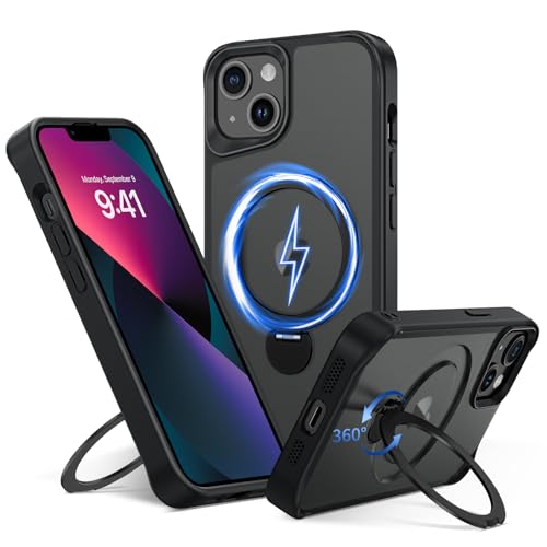 YINLAI für iPhone 14 Hülle Kompatibel mit Magsafe,Handyhülle iPhone 13 mit 360° Ständer Ring Magnetisch Militärschutz,Matt Rückseite Case Cover Schutzhülle für iPhone 13/14 6.1",Schwarz von YINLAI