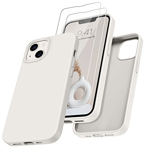 YINLAI Hülle für iPhone 13 6.1" Beige Flüssig Silikon mit 2 Stück Bruchsicheres Glas Kratzfestes Stoßfest mit Schutzfolie Cover Case Handyhülle iPhone 13 6,1 Zoll,Taupe von YINLAI