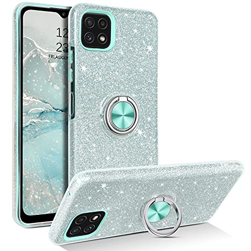 YINLAI Samsung Galaxy A22 5G Hülle Glitzer Handyhülle Samsung A22 mit 360 Grad Ring Ständer Magnetische Auto Halterung Stoßfestes Cover Case Hülle für Samsung A22 5G,Silber Mint von YINLAI