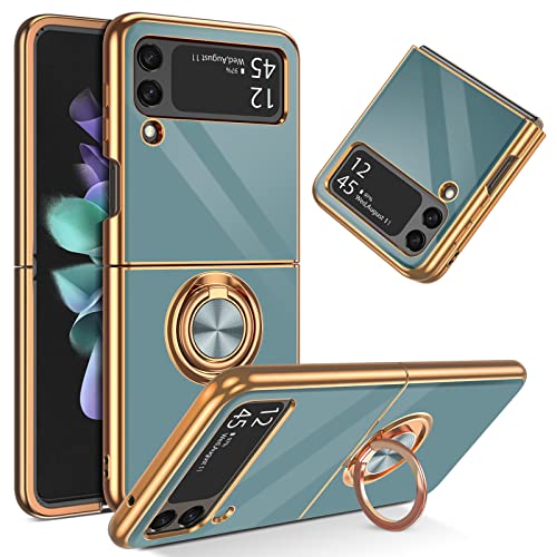 YINLAI Samsung Galaxy Z Flip 3 5G Hülle Handyhülle Samsung Z Flip 3 Mit 360 Gold Magnet Ring Ständer Halter Weiche Glitzer Silikon TPU Slim Cover Case Hülle für Samsung Galaxy Z Flip 3, Grau Blau von YINLAI