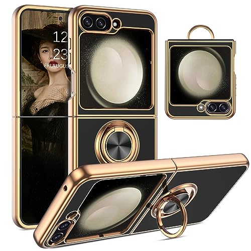YINLAI für Samsung Galaxy Z Flip 5 5G Hülle,Handyhülle Samsung Z Flip 5 Mit 360 Gold Magnet Ring Ständer Halter Weiche Glitzer TPU Slim Cover Case Schutzhülle für Samsung Galaxy Z Flip 5,Schwarz von YINLAI