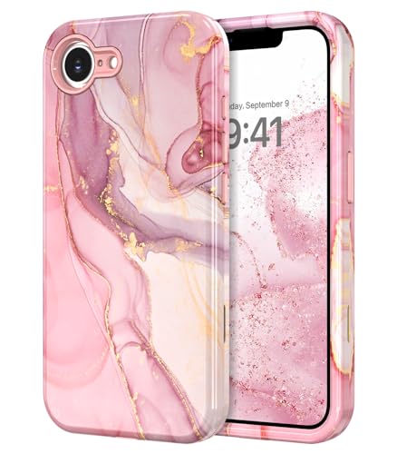 YINLAI Schutzhülle für iPhone 16e, Marmormuster, 3-in-1, Ganzkörper-Schutzhülle, stoßfest, weiches Silikon, stoßfest, für Mädchen mit 15,5 cm (6,1 Zoll), Rose Pink von YINLAI
