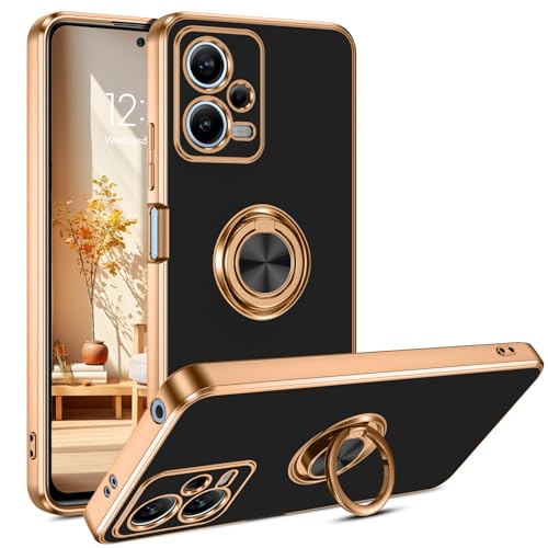 YINLAI Xiaomi Redmi Note 12 Hülle,Handyhülle Xiaomi Poco X5 Mit 360 Gold Magnet Ring Ständer Halter Weiche TPU Slim Cover Case Hülle für Xiaomi Redmi Note 12/ Poco X5, Schwarz von YINLAI