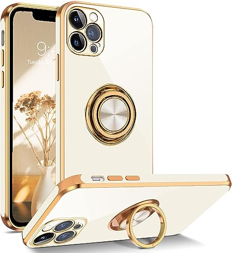 YINLAI iPhone 12 Pro Max Hülle Handyhülle iPhone 12 Pro Max 6.7'' Mit 360 Gold Magnet Ring Ständer Halter Weiche Glitzer Silikon TPU Slim Cover Case Hülle für iPhone 12 Pro Max 6,7 Zoll,Weiß Creme von YINLAI