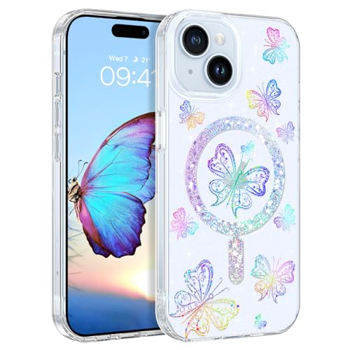 YINLAI iPhone 15 Hülle, HandyHülle iPhone 15, Glitzer Schmetterling mit magsafe stoßfestem leichtem dünnem TPU-Cover Case für iPhone 15 6,1 Zoll, Crystal Klar von YINLAI