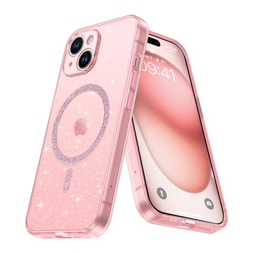 YINLAI iPhone 15 Hülle, HandyHülle iPhone 15 mit magsafe, Glitzer mit magsafe stoßfestem leichtem dünnem TPU-Cover Case für iPhone 15 6,1 Zoll,Rosa von YINLAI