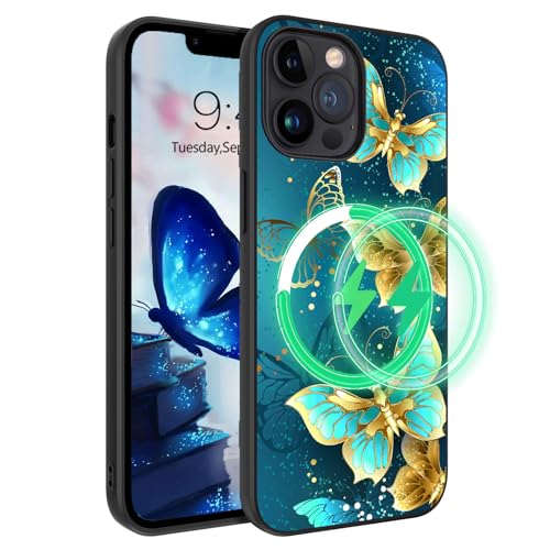 YLINLAI iPhone 13 Pro Max Hülle,Handyhülle iPhone 13 Pro Max Muster Leuchtet im Dunkeln PC Schale Fallschutz Kratzfest Cover Case Schutzhülle für iPhone 13 Pro Max 6,7 Zoll,Schmetterling Blau von YINLAI