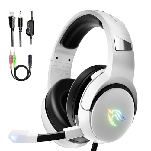YINSAN Gaming Headset für PS4/PS5/PC/Xbox/Nintendo Switch, PS4 Kopfhörer mit Kabel und RGB Licht, Stereo Surround Kopfhörer mit Mikrofon, Noise Cancelling Gamer Headphones - Weiß von YINSAN