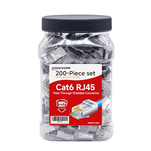 YIOVVOM Cat 6 geschirmte Durchgangs-RJ45 8P8C Stecker (Cat6-Stecker / RJ45-Modularstecker/Cat 6-Enden/Ethernet-Stecker) UTP-Netzwerkstecker für Massivdraht und Standardkabel, transparent, 200 Stück von YIOVVOM