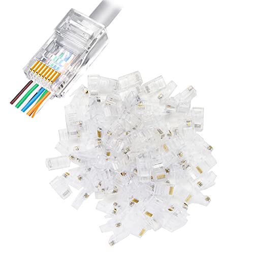 YIOVVOM RJ45 Cat6 Pass-Through-Stecker, vergoldete 8P8C-Enden für Volldraht und Standard-Kabel, transparent, 100 Stück von YIOVVOM