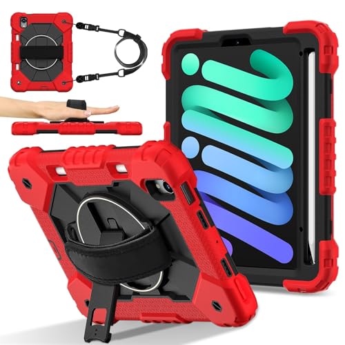 Tablet PC Hüllen Abdeckung Kompatibel mit iPad Mini 7 (A17 Pro) 2024, stoßfeste Kinderhülle, [Ständer] [Schultergurt], 360 Grad drehbare Handschlaufe, Ständerhalterung, robuste Abdeckung(Red) von YIPCFXDJ