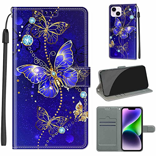 YIRRANZD Handyhülle für iPhone 14 Plus Hülle, PU Leder Wallet Klapphülle, Flip Case Stoßfeste Tasche Schutzhülle für iPhone 14 Plus (Schmetterling B) von YIRRANZD