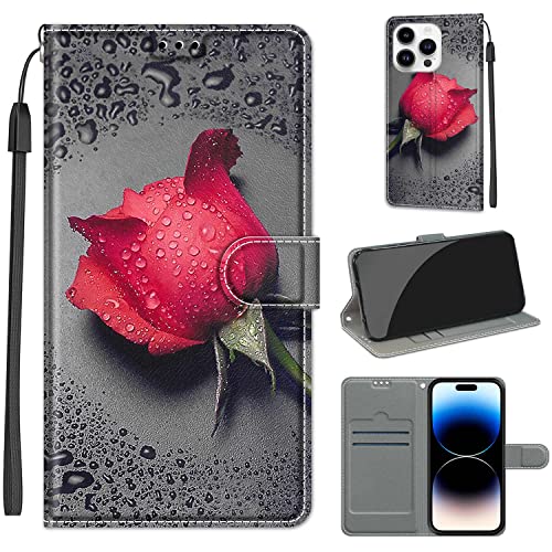 YIRRANZD Handyhülle für iPhone 14 Pro Hülle, PU Leder Wallet Klapphülle, Flip Case Stoßfeste Tasche Schutzhülle für iPhone 14 Pro (Rose A) von YIRRANZD