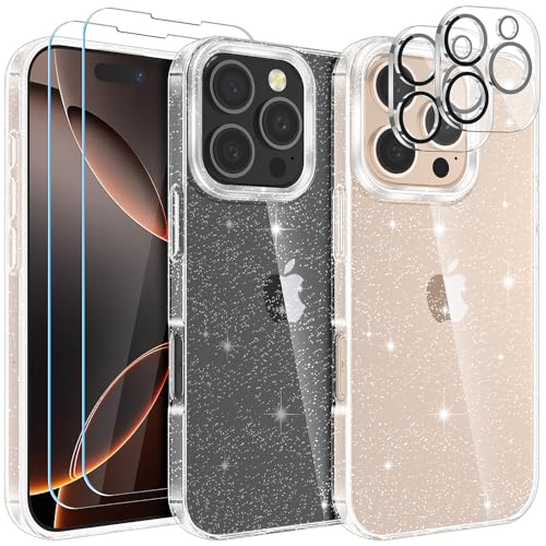 YIRSUR Glitzer Hülle Kompatibel mit iPhone 16 Pro Hülle, Handyhülle mit 2 Schutzfolie + 2 Kameraschutz, Anti-Vergilbung Stoßfest Kratzfest Ultradünn für iPhone 16 Pro Transparent Bling Glitzer von YIRSUR