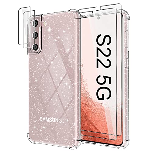 YIRSUR Clear Glitzer Kompatibel mit Samsung Galaxy S22 5G Hülle, mit 2 Stück Glasfolie und 2 Stück Kamera Schutzfolie, Handyhülle Transparent Glitzer Silikon Stoßfest TPU Bumper Case - Glitzer von YIRSUR