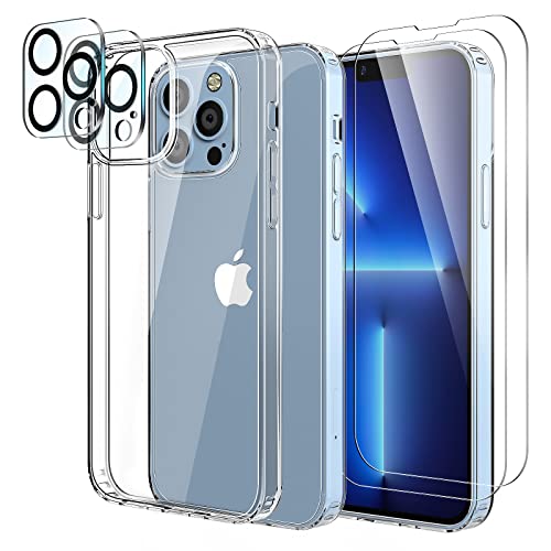 YIRSUR Clear Hülle Kompatibel mit iPhone 13 Pro 6.1", 2 Stück Panzerglas & 2 Stück Kamera Panzerglas, Harte Rückseite mit weichem Rand Handyhülle Anti Gelb Kratzfeste Stoßfeste Transparent Hülle von YIRSUR