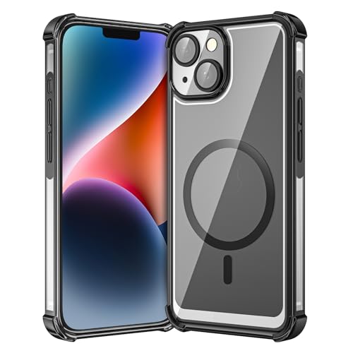 YIRSUR Clear für iPhone 14 Hülle Kompatibel mit Mag Safe [Kameraschutz Eingebaut], Hart PC Nie Vergilbung Case Transparent Magnetisch Handyhülle Stoßfest Kratzfeste Schutzhülle,Schwarz von YIRSUR