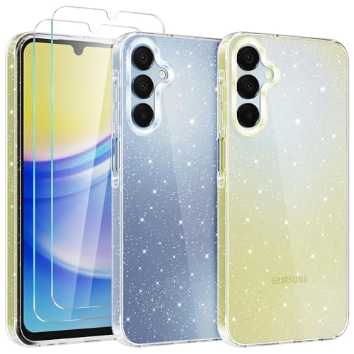 YIRSUR Glitzer Hülle für Samsung Galaxy A15 5G/4G, mit 2 Stück Glasfolie, Transparent Handyhülle Bling Weiche TPU Silikon Stoßfest Schutzhülle für Frauen und Mädchen von YIRSUR