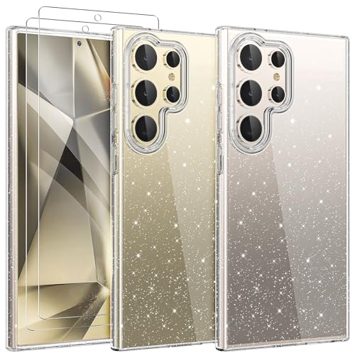 YIRSUR Glitzer Hülle für Samsung Galaxy S24 Ultra 5G mit 2 Stück Glasfolie, Transparent Handyhülle Bling Weiche TPU Silikon Stoßfest Schutzhülle für Frauen und Mädchen, Durchsichtig von YIRSUR