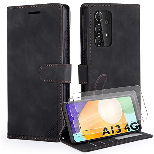 YIRSUR Handyhülle Kompatibel mit Samsung Galaxy A13 4G Hülle mit 2 Stück Glasfolie, [mit RFID Schutz] [Standfunktion] Premium PU Leder Kartenfach Geld Slot Klapphülle Magnetisch Silikon (Black) von YIRSUR