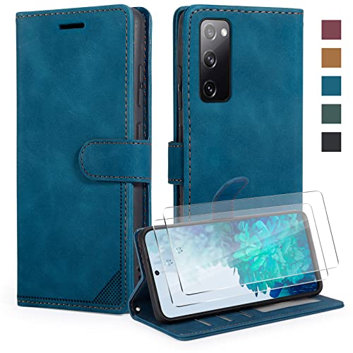 YIRSUR Handyhülle Kompatibel mit Samsung Galaxy S20 FE Hülle mit 2 Stück Panzerglas, [mit RFID Schutz] [Standfunktion] Premium PU Leder Kartenfach Geld Slot Klapphülle Magnetisch Silikon (Blau) von YIRSUR