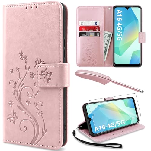 YIRSUR Handyhülle für Samsung Galaxy A16 4G/5G Hülle mit 1 Stück Hartglas Schutzfolie, PU Leder Flip Wallet Case Kartenfach Ständer Klapphülle Lederhülle für Samsung Galaxy A16 4G/5G - Rosa von YIRSUR