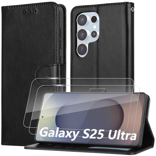 YIRSUR Handyhülle für Samsung Galaxy S25 Ultra Hülle mit 2 Stück Schutzfolie, Premium PU Leder Kartenfach Standfunktion [RFID-Blockierung] Magnet Stoßfeste Schutzhülle Klappbar Flip Case (Schwarz) von YIRSUR