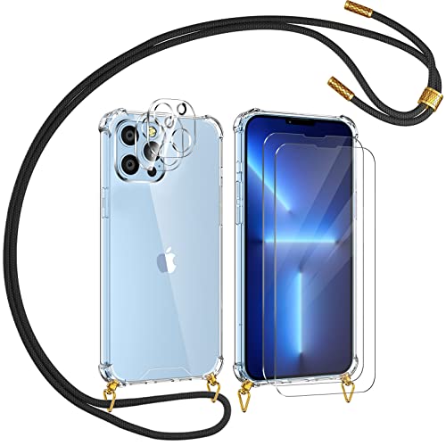 YIRSUR Handykette Hülle kompatibel mit iPhone 13 Pro 6.1 Inch mit 2 Glasfolie und 2 Kamera Schutzfolie, Necklace Hülle mit Kordel Hard mit Weich Silikon Bumper Transparent zum Umhängen von YIRSUR