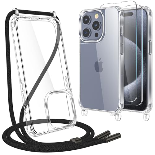 YIRSUR Handykette für iPhone 15 Pro 6,1" Hülle mit Band Und 2 Stück Schutzfolie, Transparent TPU Silikon Necklace Handyhülle Abnehmbar Stoßfest Schutzhülle mit Kordel Schnur zum Umhängen -Schwarz von YIRSUR