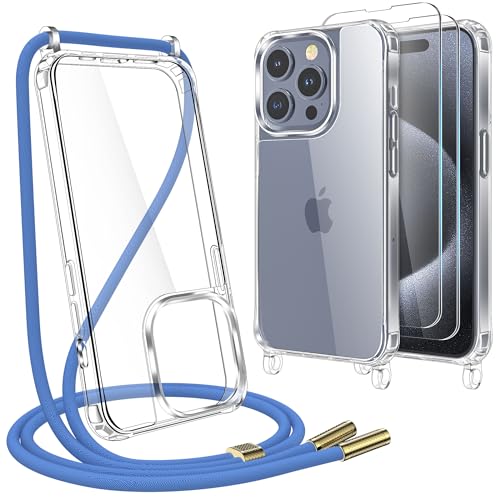 YIRSUR Handykette für iPhone 15 Pro 6,1" Hülle mit Band Und 2 Stück Schutzfolie, Transparent TPU Silikon Necklace Handyhülle Abnehmbar Stoßfest Schutzhülle mit Kordel Schnur zum Umhängen -Grau von YIRSUR