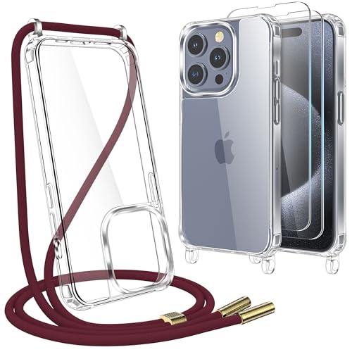 YIRSUR Handykette für iPhone 15 Pro 6,1" Hülle mit Band Und 2 Stück Schutzfolie, Transparent TPU Silikon Necklace Handyhülle Abnehmbar Stoßfest Schutzhülle mit Kordel Schnur zum Umhängen -Rot von YIRSUR