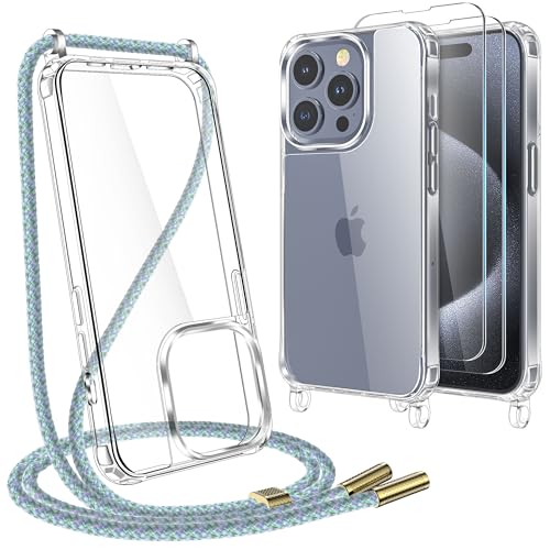 YIRSUR Handykette für iPhone 15 Pro Hülle mit Band Und 2 Stück Schutzfolie, Transparent TPU Silikon Necklace Handyhülle Abnehmbar Stoßfest Schutzhülle mit Kordel Schnur zum Umhängen -Graugelb von YIRSUR