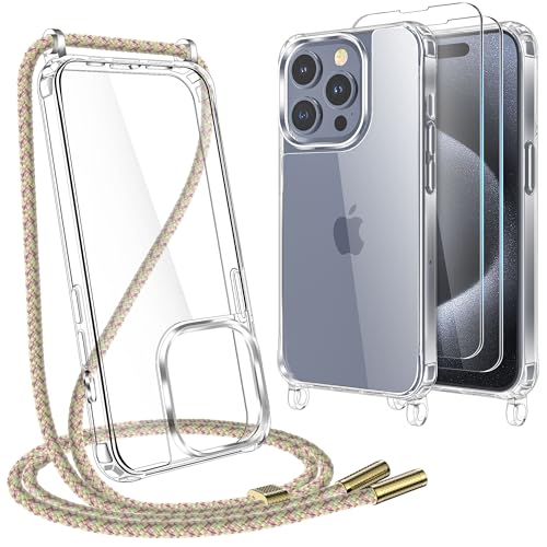 YIRSUR Handykette für iPhone 15 Pro Hülle mit Band Und 2 Stück Schutzfolie, Transparent TPU Silikon Necklace Handyhülle Abnehmbar Stoßfest Schutzhülle mit Kordel Schnur zum Umhängen -Regenbogen von YIRSUR