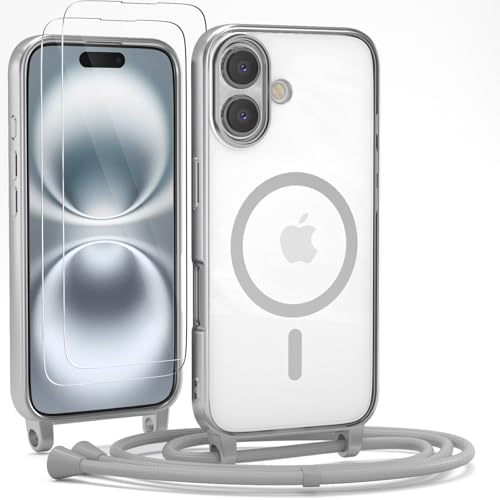 YIRSUR Handykette für iPhone 16 Hülle mit Band Und 2 Schutzfolie, [Kompatibel mit Magsafe] Magnetische Transparent Silikon Necklace Handyhülle Abnehmbar Stoßfest Schutzhülle mit Kordel- Silber von YIRSUR