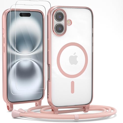 YIRSUR Handykette für iPhone 16 Plus Hülle mit Band Und 2 Schutzfolie, [Kompatibel mit Magsafe] Magnetische Transparent Silikon Necklace Handyhülle Abnehmbar Stoßfest Schutzhülle mit Kordel- Rosa von YIRSUR