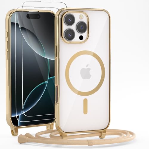 YIRSUR Handykette für iPhone 16 Pro Hülle mit Band Und 2 Schutzfolie, [Kompatibel mit Magsafe] Magnetische Transparent Silikon Necklace Handyhülle Abnehmbar Stoßfest Schutzhülle mit Kordel- Golden von YIRSUR