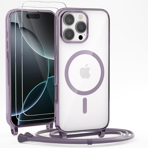 YIRSUR Handykette für iPhone 16 Pro Max Hülle mit Band Und 2 Schutzfolie,[Kompatibel mit Magsafe] Magnetische Transparent Silikon Necklace Handyhülle Abnehmbar Stoßfest Schutzhülle mit Kordel- Lila von YIRSUR