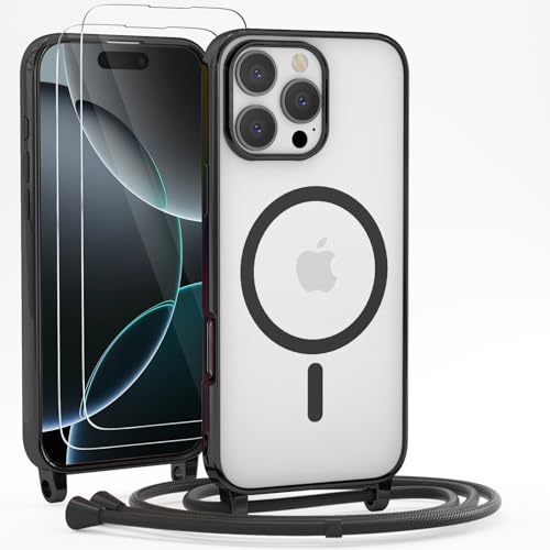 YIRSUR Handykette für iPhone 16 Pro Max Hülle mit Band Und 2 Schutzfolie,[Kompatibel mit Magsafe] Magnetische Transparent Silikon Necklace Handyhülle Abnehmbar Stoßfest Schutzhülle mit Kordel- Black von YIRSUR