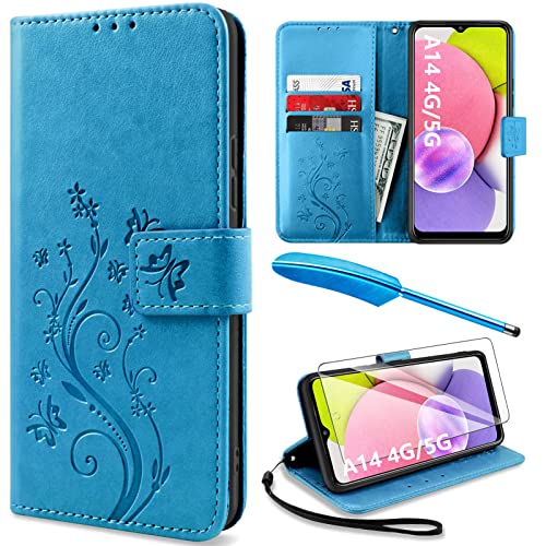 YIRSUR Hülle Kompatibel mit Samsung Galaxy A14 4G / 5G Hülle mit Schutzfolie und Touch Stylus Pen, Flip Wallet Handyhülle PU Leder Tasche Case Prägung Lederhülle Kartensteckplätzen Schutzhülle (Blau) von YIRSUR