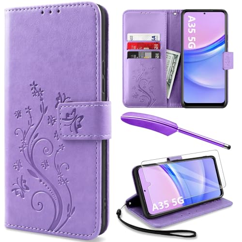 YIRSUR Hülle Kompatibel mit Samsung Galaxy A35 5G HandyHülle mit Glasfolie Schutzfolie und Touch Stylus Pen, Flip Wallet Handyhülle PU Leder Tasche Case Kartensteckplätzen Schutzhülle- Lila von YIRSUR