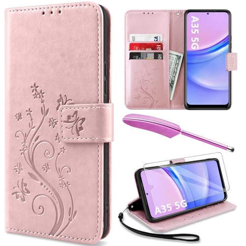 YIRSUR Hülle Kompatibel mit Samsung Galaxy A35 5G HandyHülle mit Glasfolie Schutzfolie und Touch Stylus Pen, Flip Wallet Handyhülle PU Leder Tasche Case Kartensteckplätzen Schutzhülle- Rosa von YIRSUR